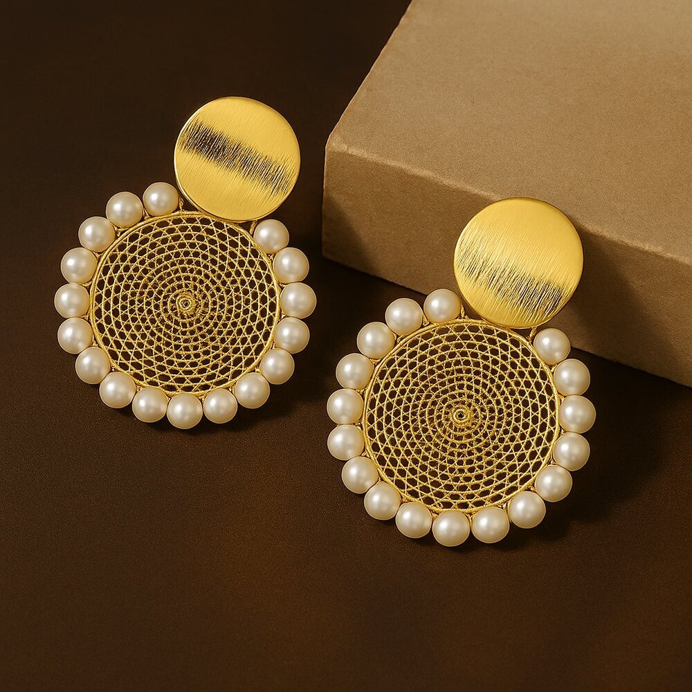 Boho Chic Pearl Circle Earrings 18K Gold Plated S925 Silver Needle - Picture 10 of 10